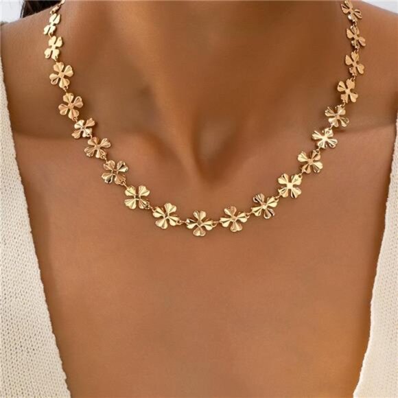 18K Gold-Plated Alloy Flower Chain Necklace - Picture 1 of 5